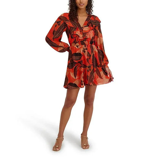 Printed Shimmer Lurex Plunge V-Neck Bishop Sleeves Ruffle A-Line Dress Orange Multi - Kensie