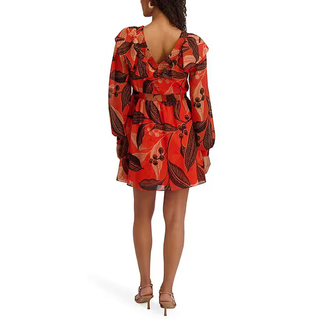 Printed Shimmer Lurex Plunge V-Neck Bishop Sleeves Ruffle A-Line Dress Orange Multi - Kensie