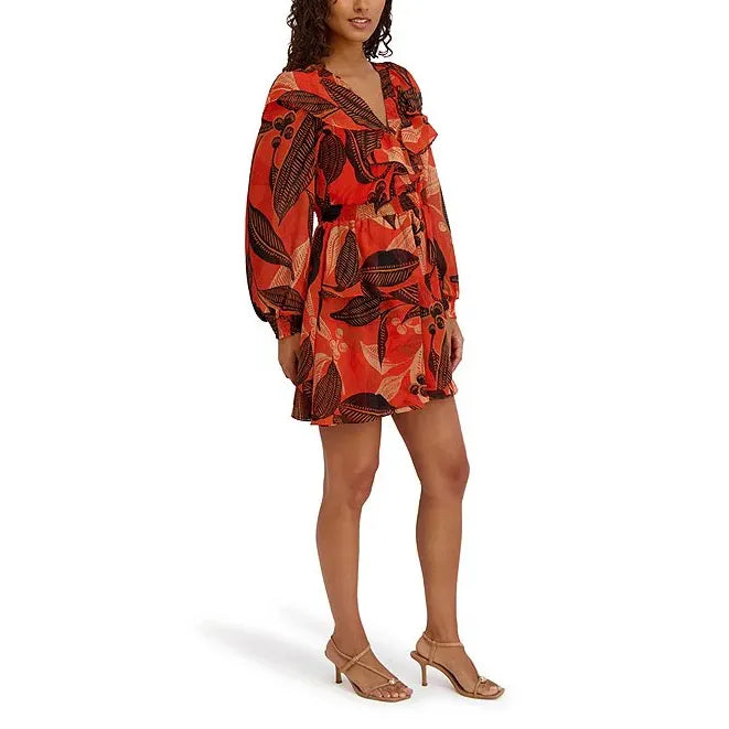 Printed Shimmer Lurex Plunge V-Neck Bishop Sleeves Ruffle A-Line Dress Orange Multi - Kensie