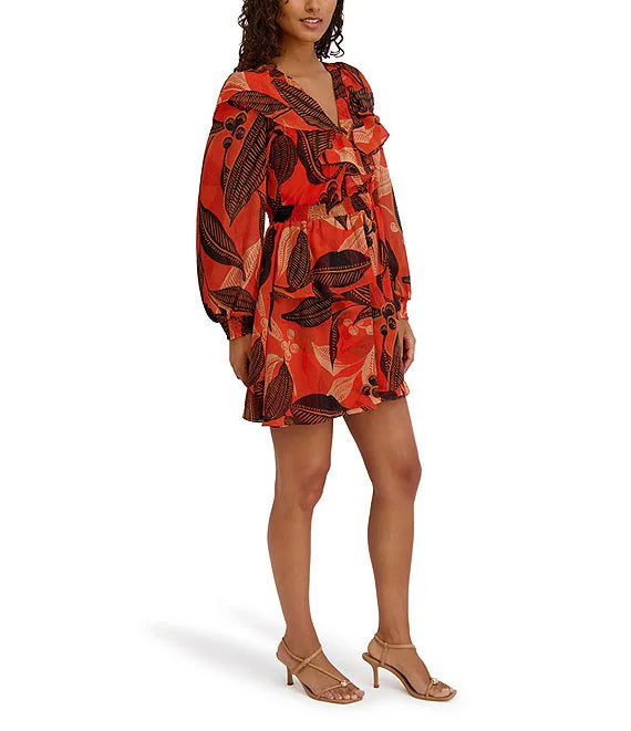Printed Shimmer Lurex Plunge V-Neck Bishop Sleeves Ruffle A-Line Dress Orange Multi - Kensie