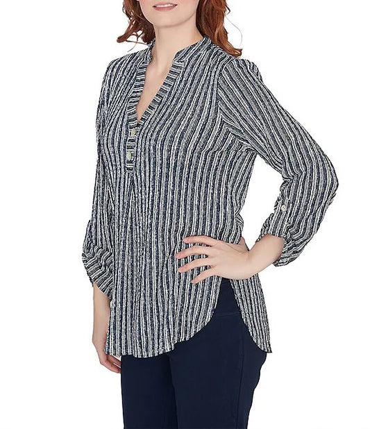 Crinkle Knit Band Split V-Neck Roll-Tab Navy Multi   - Ruby Rd