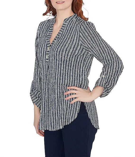 Crinkle Knit Band Split V-Neck Roll-Tab Navy Multi   - Ruby Rd