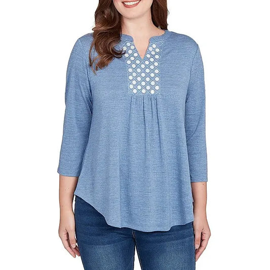 Textured Knit Split V-Neck 3/4 Sleeve Top Indigo - Ruby Rd