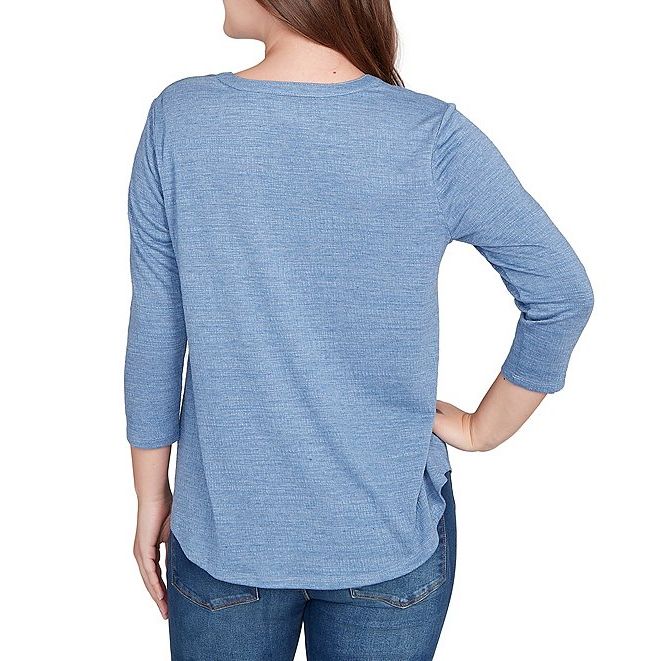 Textured Knit Split V-Neck 3/4 Sleeve Top Indigo - Ruby Rd