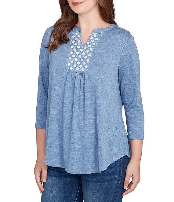 Textured Knit Split V-Neck 3/4 Sleeve Top Indigo - Ruby Rd