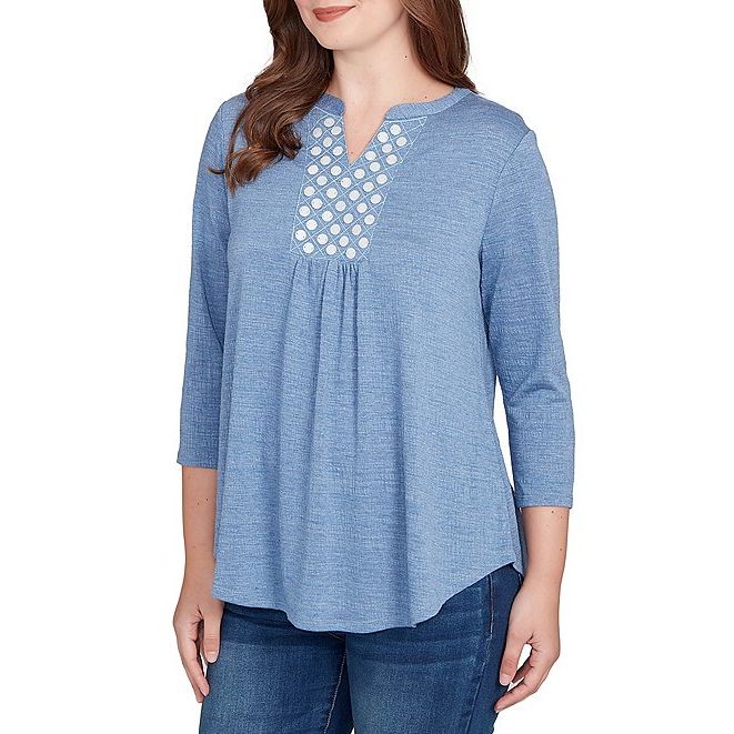 Textured Knit Split V-Neck 3/4 Sleeve Top Indigo - Ruby Rd