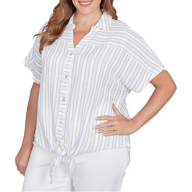 Plus Size V-Neck Short Sleeve Button Front Shirt Blue Sky Multi - Ruby Rd