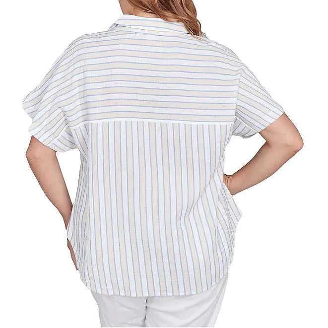 Plus Size V-Neck Short Sleeve Button Front Shirt Blue Sky Multi - Ruby Rd