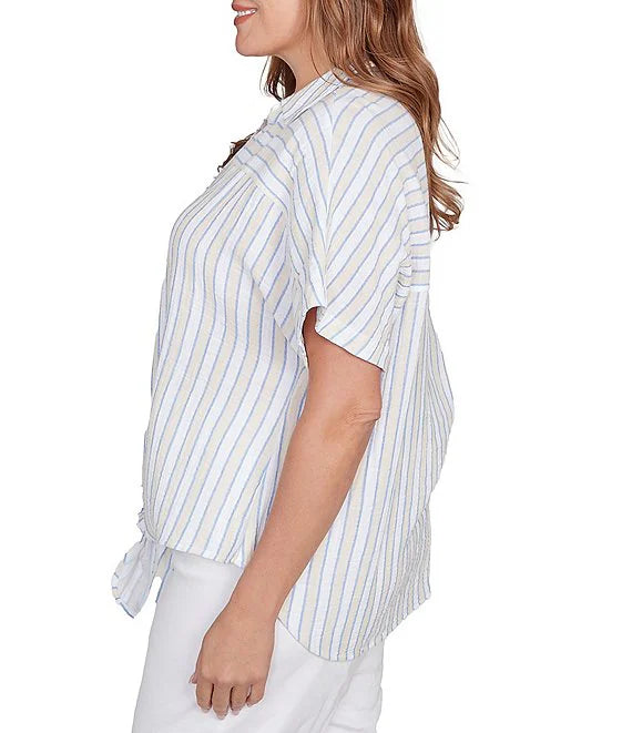 Plus Size V-Neck Short Sleeve Button Front Shirt Blue Sky Multi - Ruby Rd