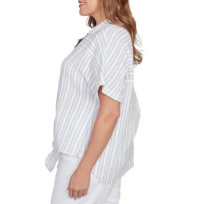 Plus Size V-Neck Short Sleeve Button Front Shirt Blue Sky Multi - Ruby Rd