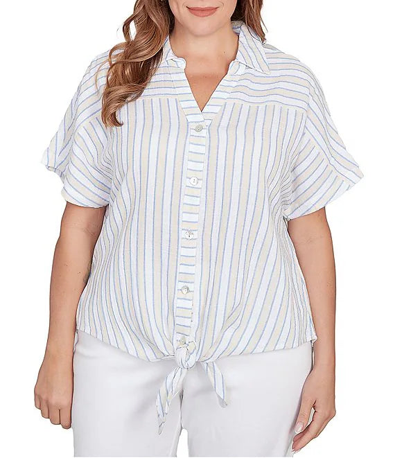 Plus Size V-Neck Short Sleeve Button Front Shirt Blue Sky Multi - Ruby Rd