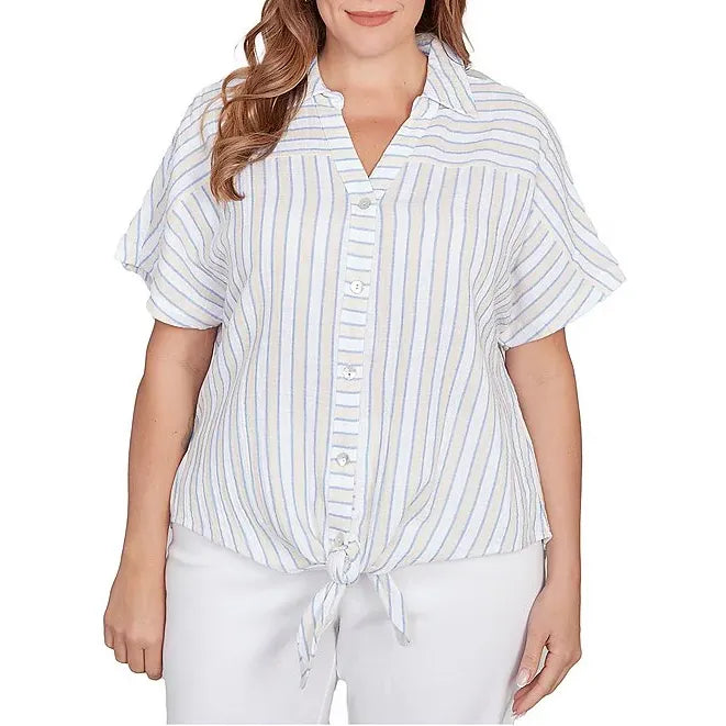 Plus Size V-Neck Short Sleeve Button Front Shirt Blue Sky Multi - Ruby Rd
