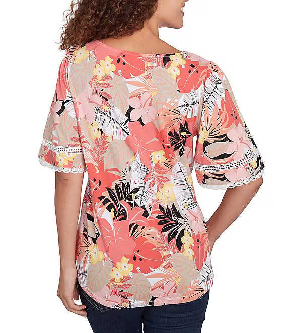 Knit Tropical Paradise Print Crew Neck Short Sleeve Top Grapefruit Multi- Ruby Rd