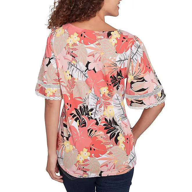 Knit Tropical Paradise Print Crew Neck Short Sleeve Top Grapefruit Multi- Ruby Rd