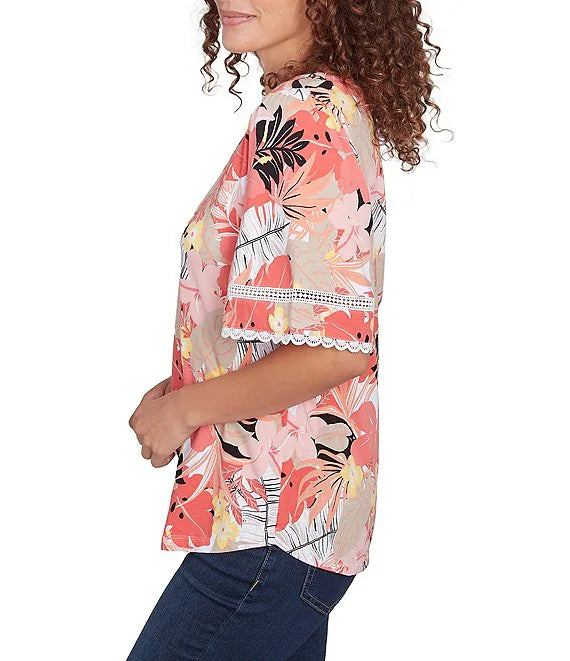 Knit Tropical Paradise Print Crew Neck Short Sleeve Top Grapefruit Multi- Ruby Rd
