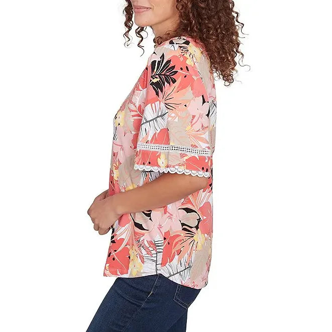Knit Tropical Paradise Print Crew Neck Short Sleeve Top Grapefruit Multi- Ruby Rd