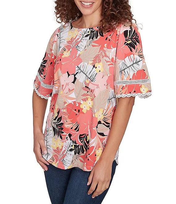 Knit Tropical Paradise Print Crew Neck Short Sleeve Top Grapefruit Multi- Ruby Rd