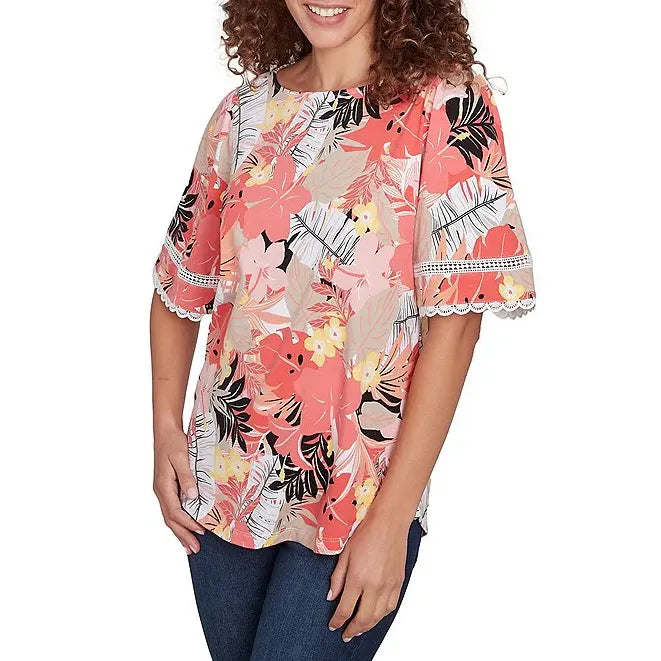 Knit Tropical Paradise Print Crew Neck Short Sleeve Top Grapefruit Multi- Ruby Rd