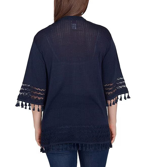 Fine-Gauze Tassel Lace Trim 3/4 Sleeve Open-Front Cardigan Navy - Ruby Rd