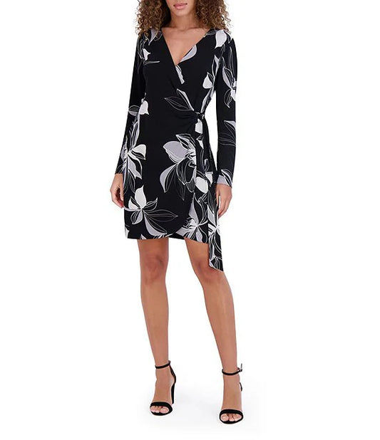 Long Sleeve Abstract Floral Dress Black Multi- Kensie
