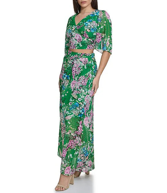 Floral V-Neck Elbow Sleeve Crop Top Green Multi - Kensie
