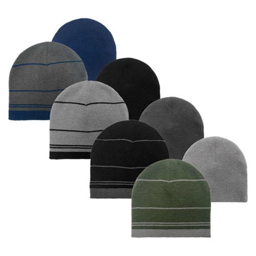 REVERSIBLE ACRYLIC KNIT STRIPED BEANIE IN 3 COLORS