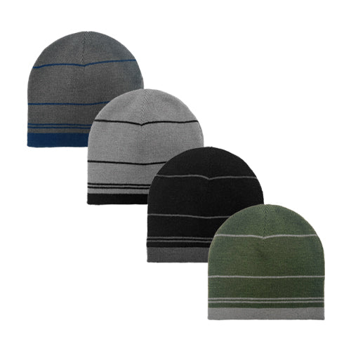 REVERSIBLE ACRYLIC KNIT STRIPED BEANIE IN 3 COLORS