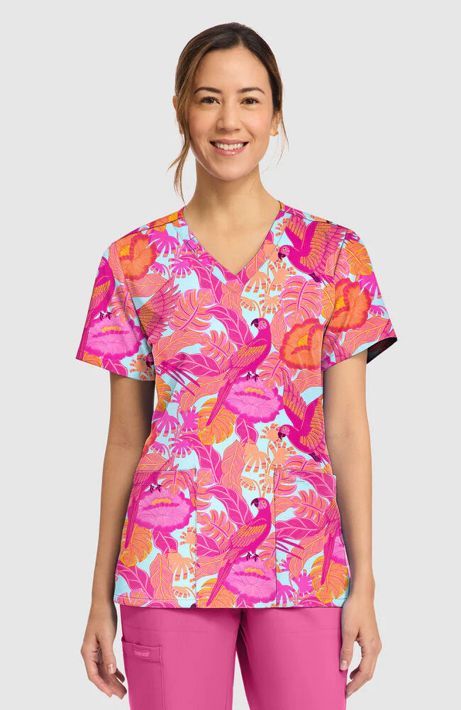 Top de cuello de pico estampado Macaw Mania