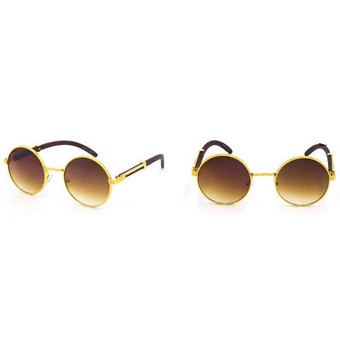 GOLD FRAMES ROUND LENS, WOOD ARMS FUNKY SUNGLASSES