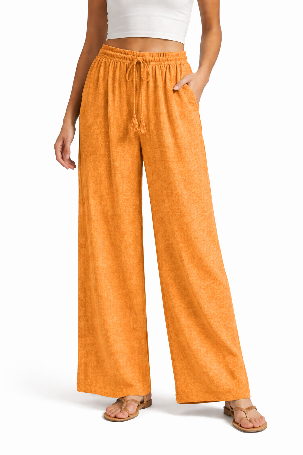 Elastic Waist Cropped wide Leg Pant  w/ Drawstring w/ Tassel Clementine- Ninety