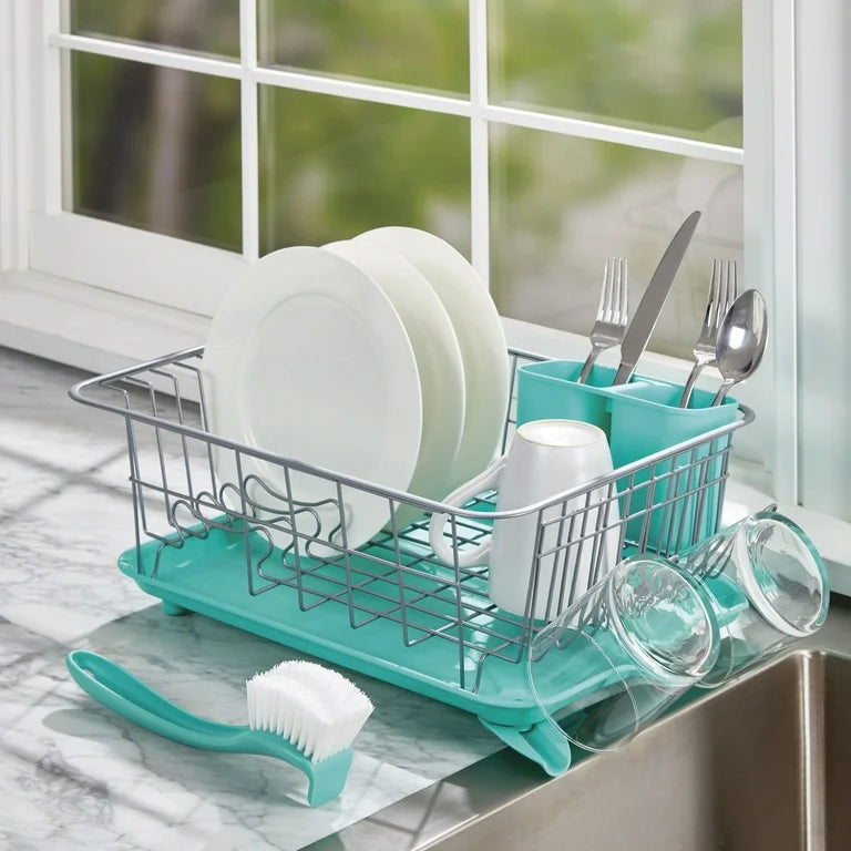 Compact Dish Rack with Frost Sink Brush, Teal