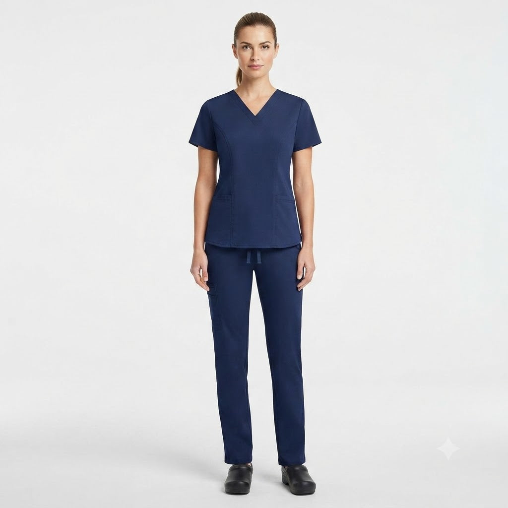 Uniforme azul marino con cuello en V y dos bolsillos