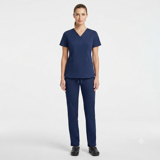 Uniforme azul marino con cuello en V y dos bolsillos