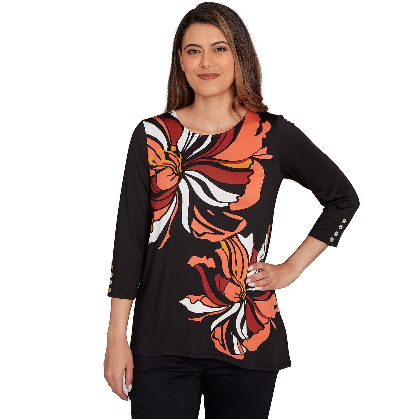 Button Sleeve Bold Floral Top Black Multi  - Ruby Rd