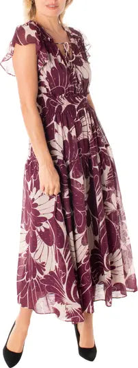 Floral Chiffon Flutter Sleeve Tiered Midi Dress