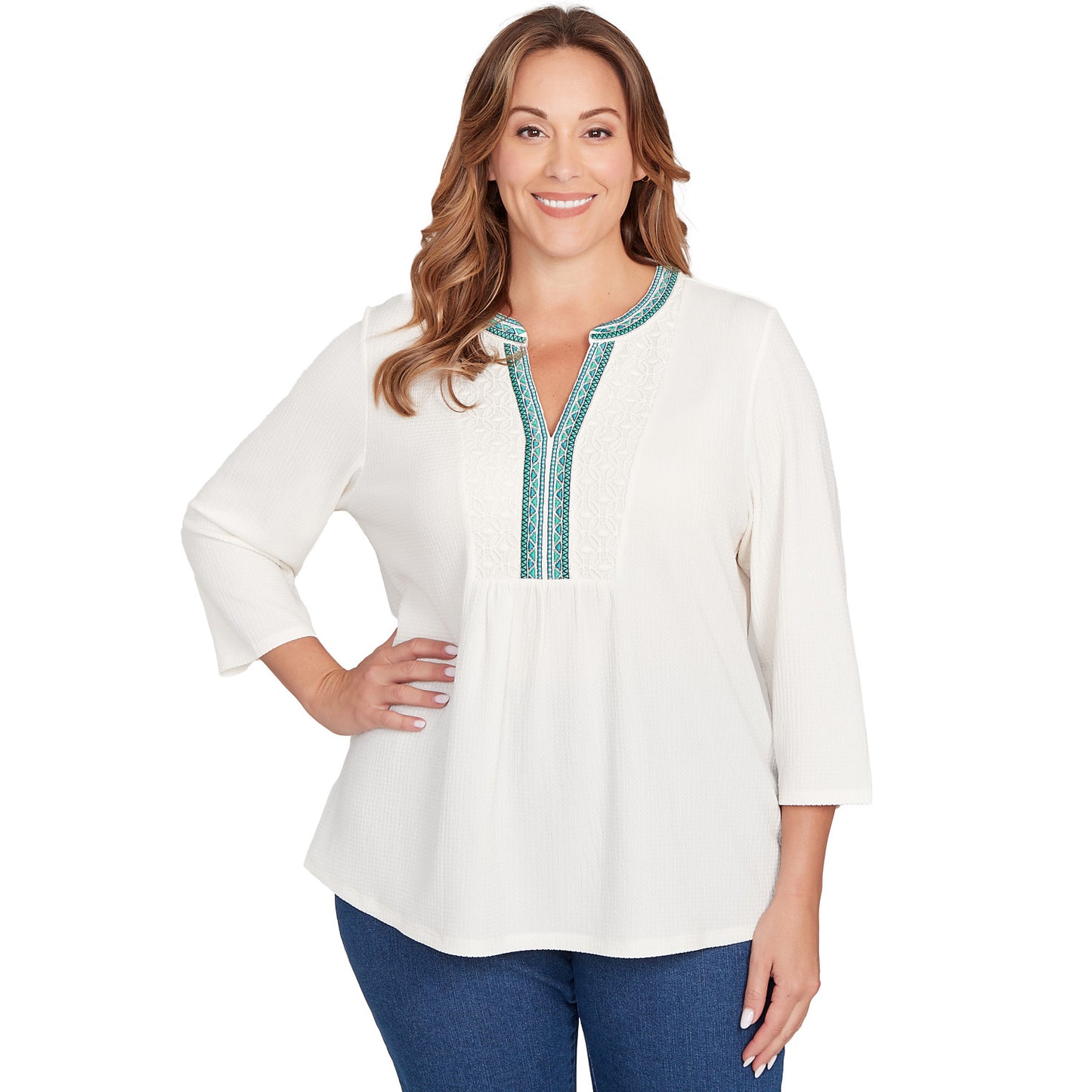 Plus Embellished Textured Split Neck Top  - Ruby Rd