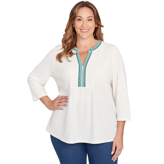 Plus Embellished Textured Split Neck Top  - Ruby Rd