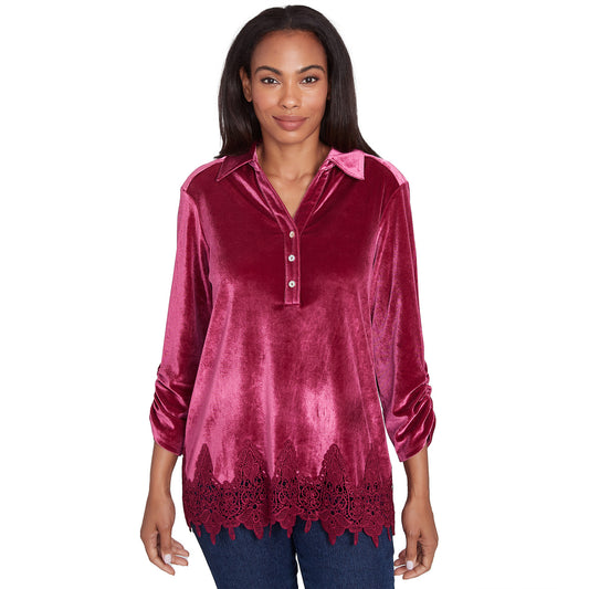 Stretch Velvet Lace Trim Top  Beet - Ruby Rd