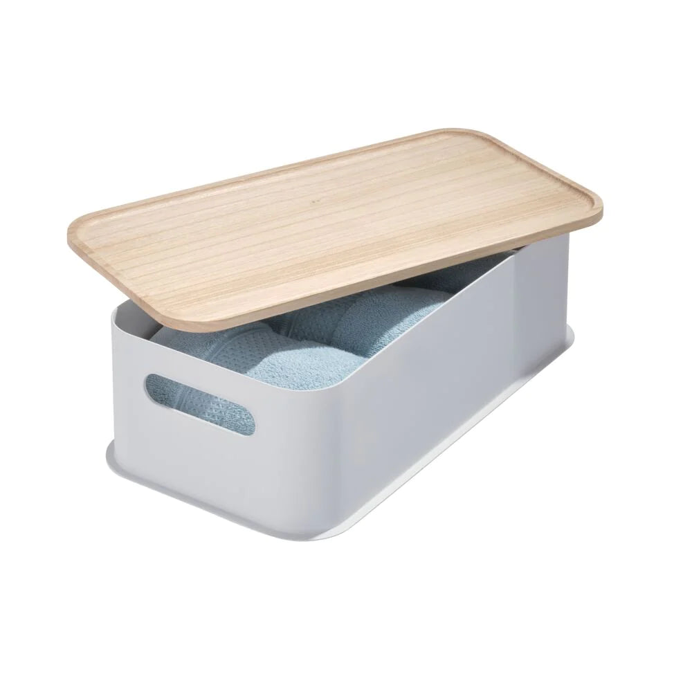 Medium Bin & Wood Lid  8.4" x 16.9" x 3" Gray