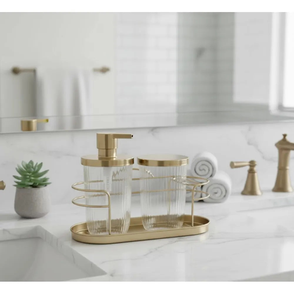 Soap Pump, Canister, Cage TB Holder (Set of 3) Gold