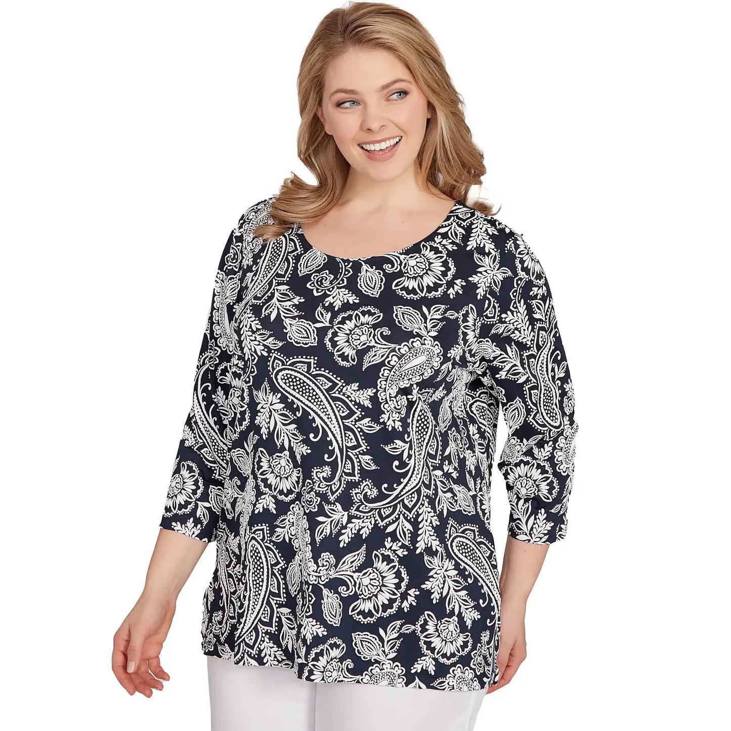 Plus Jacobean Paisley Puff Print Top Navy/White  - Ruby Rd