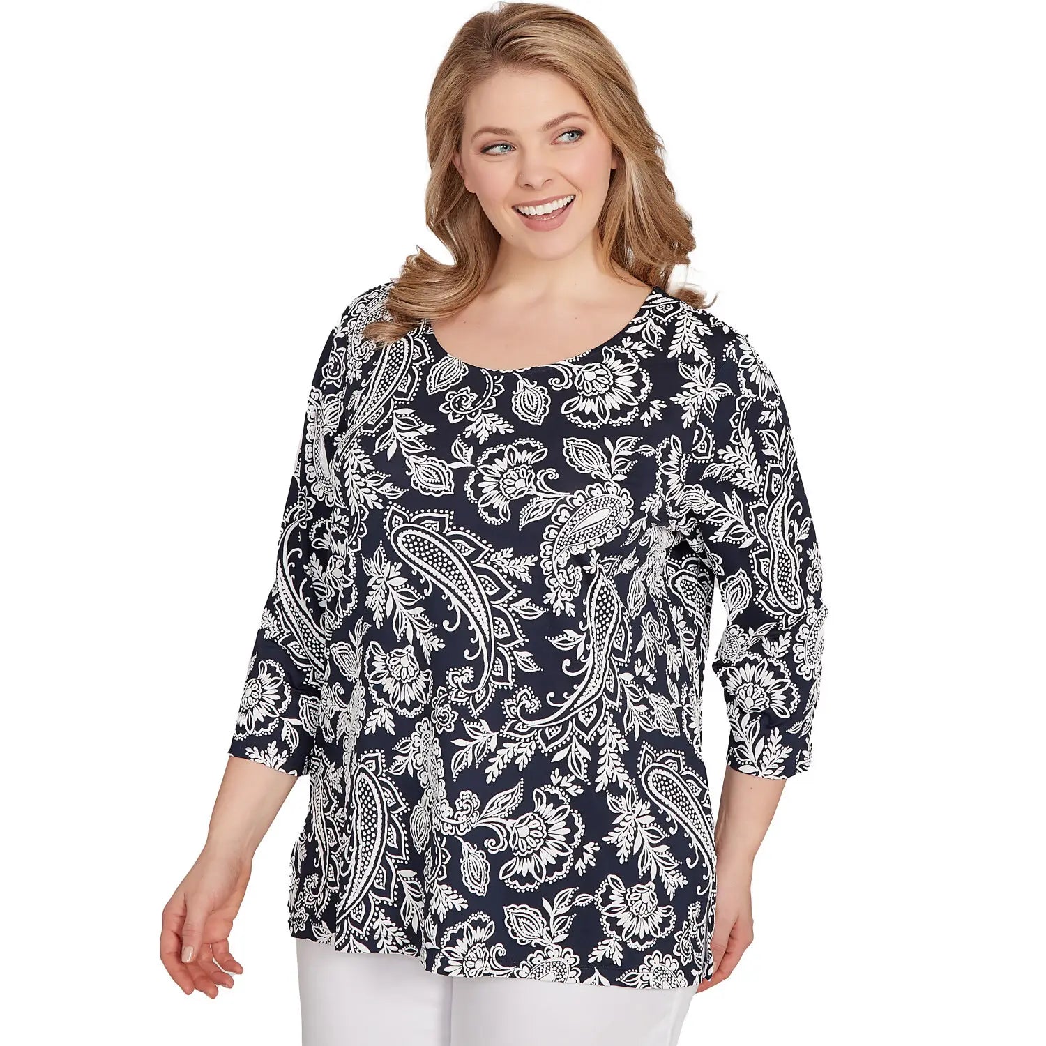 Plus Jacobean Paisley Puff Print Top Navy/White  - Ruby Rd