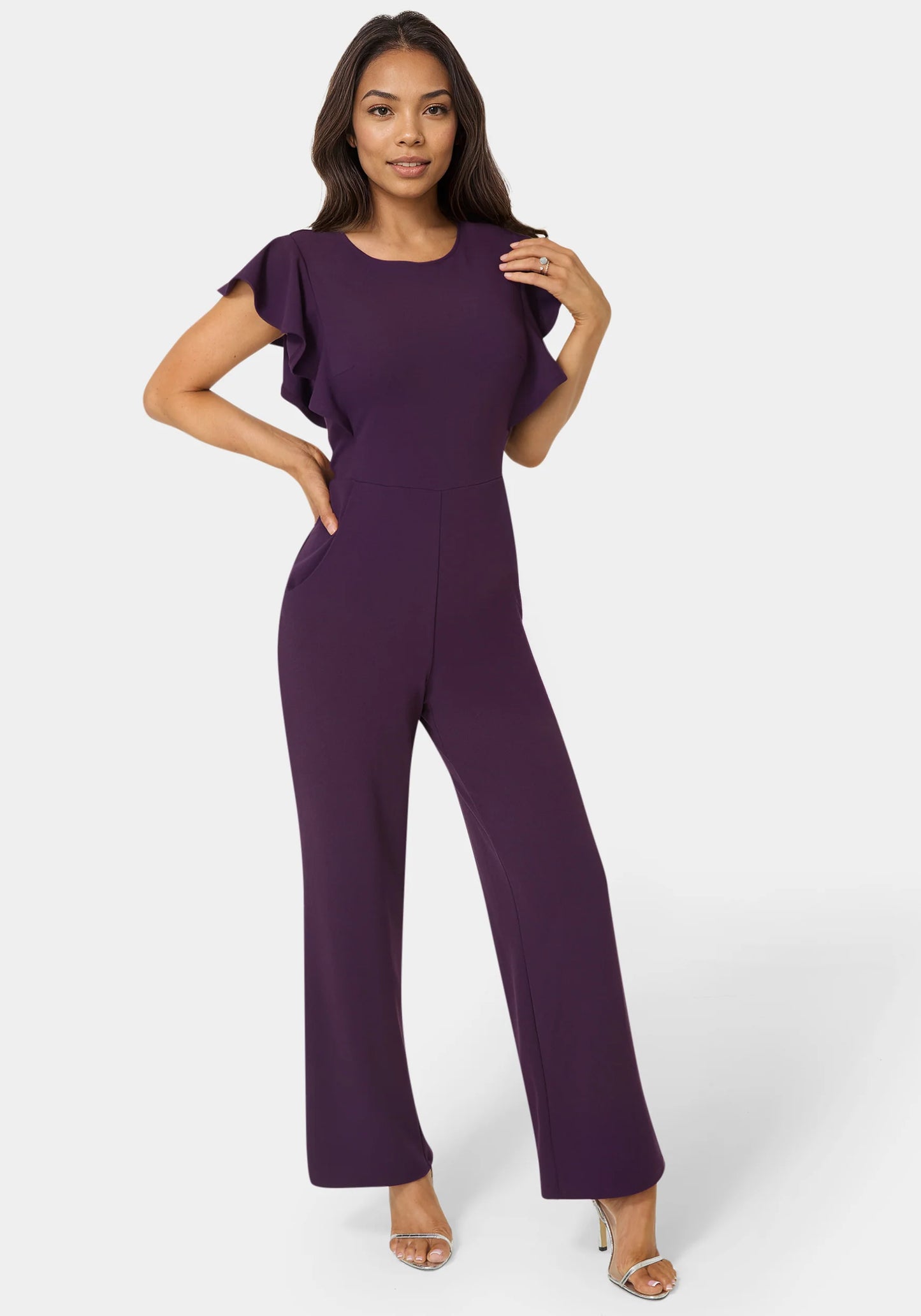 Flutter Sleeve Core Jumpsuit Eggplant - Bebe