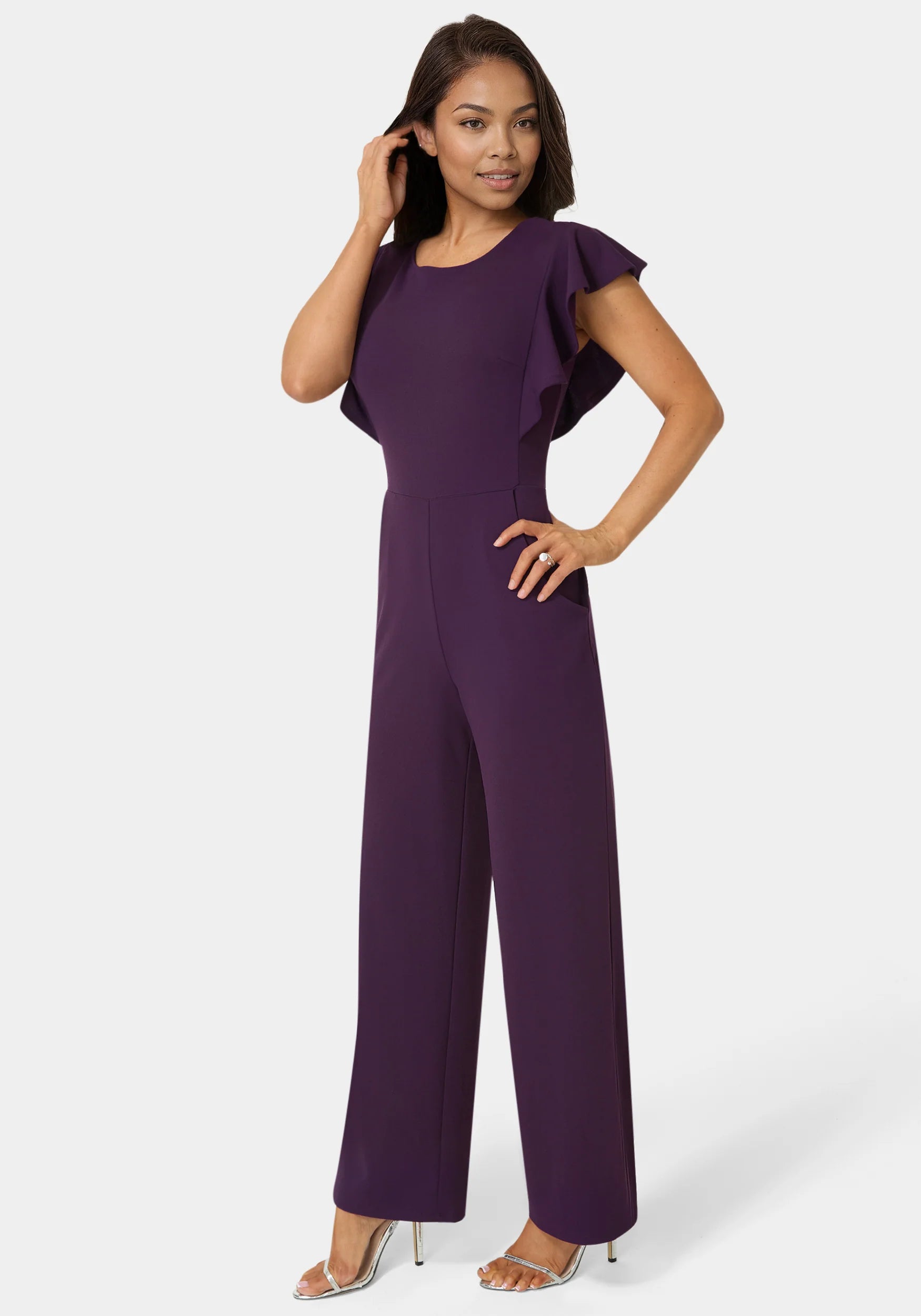 Flutter Sleeve Core Jumpsuit Eggplant - Bebe