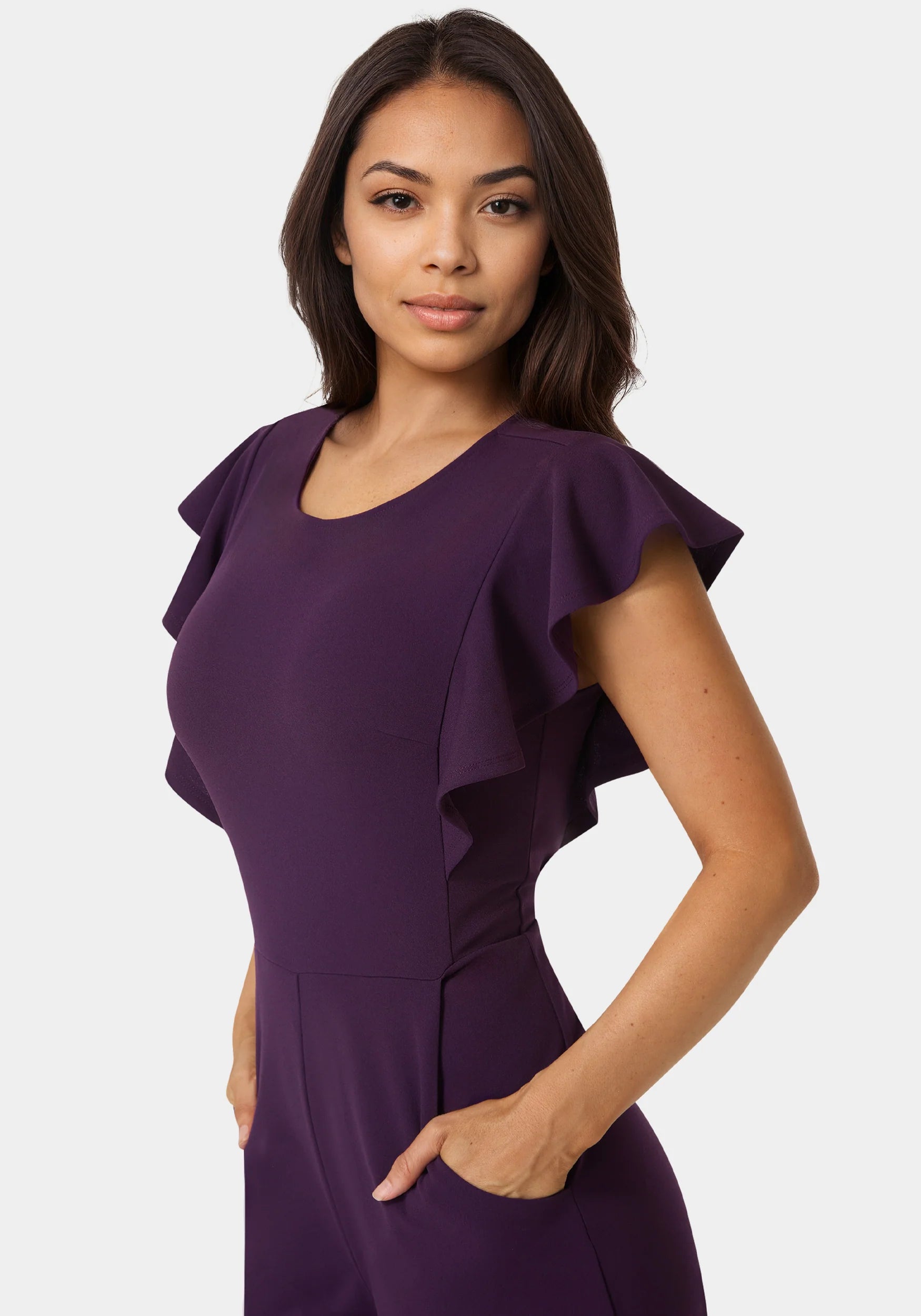 Flutter Sleeve Core Jumpsuit Eggplant - Bebe