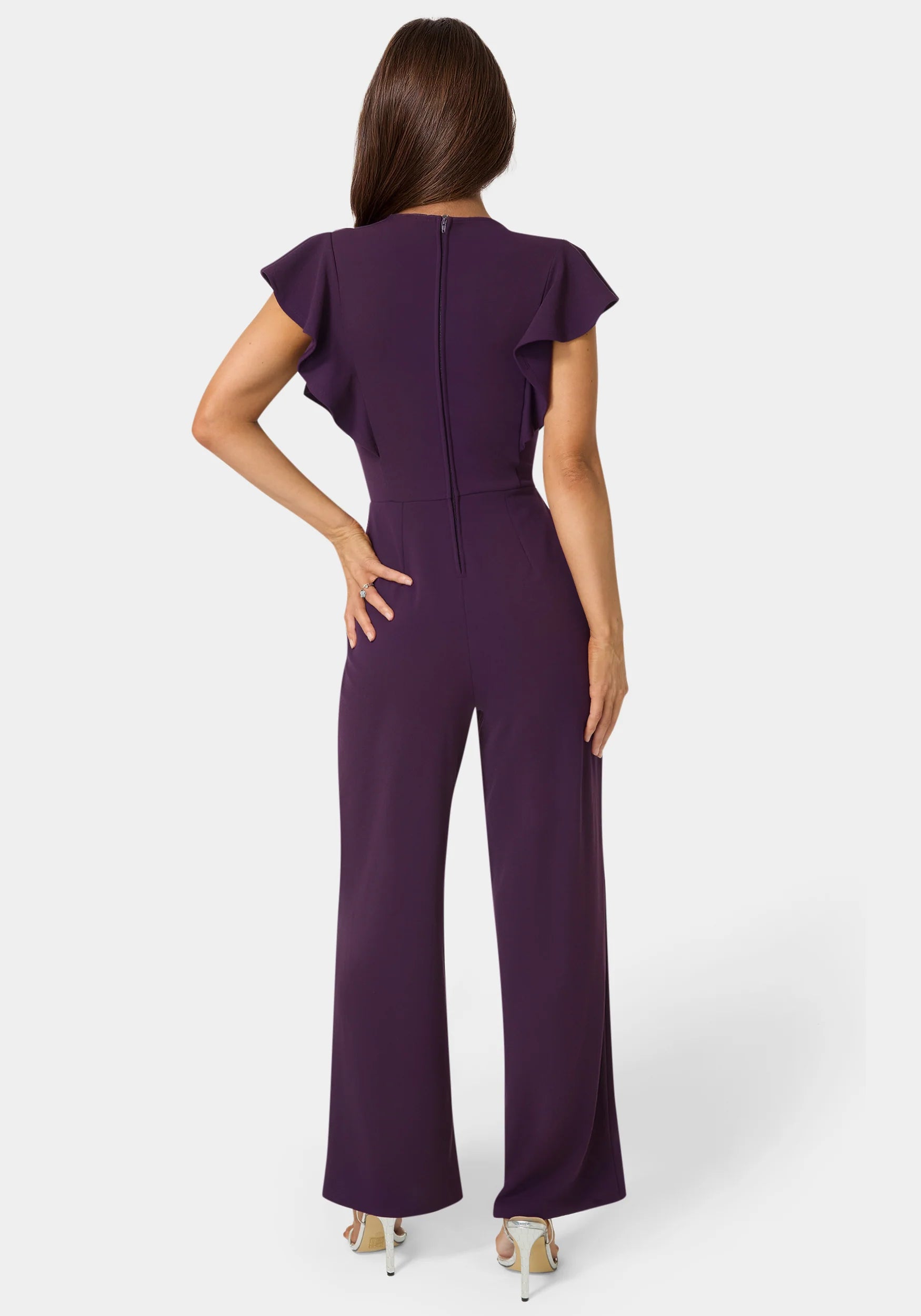 Flutter Sleeve Core Jumpsuit Eggplant - Bebe