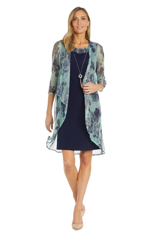 Short Printed Jacket Dress Navy/Teal -RM Richards