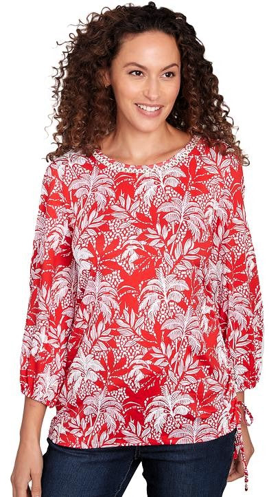Monotone Palms Puff Print Side Tie Top Red/White  - Ruby Rd