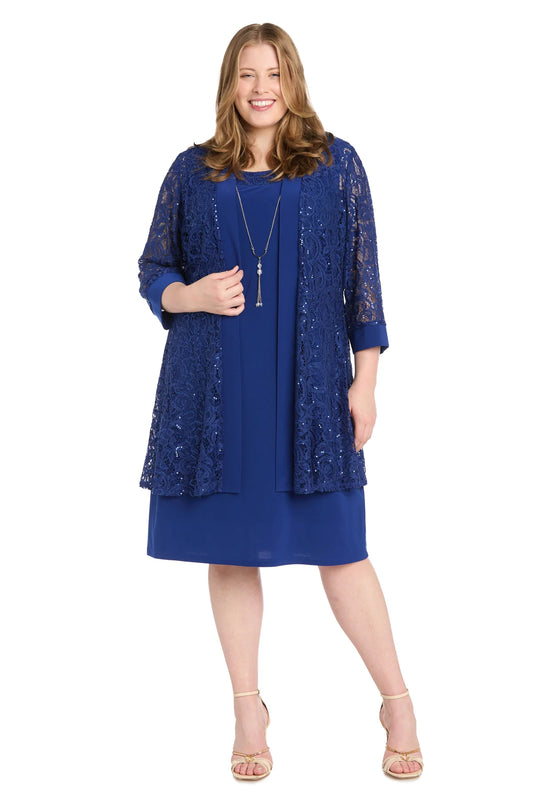 Sequenced Laced Jacket Dress Navy - Plus- RM Richards