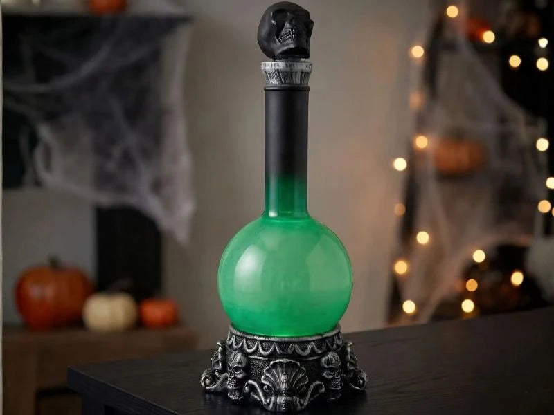 11" Light-Up LED Green Potion Bottle with Skulls Halloween Decoration